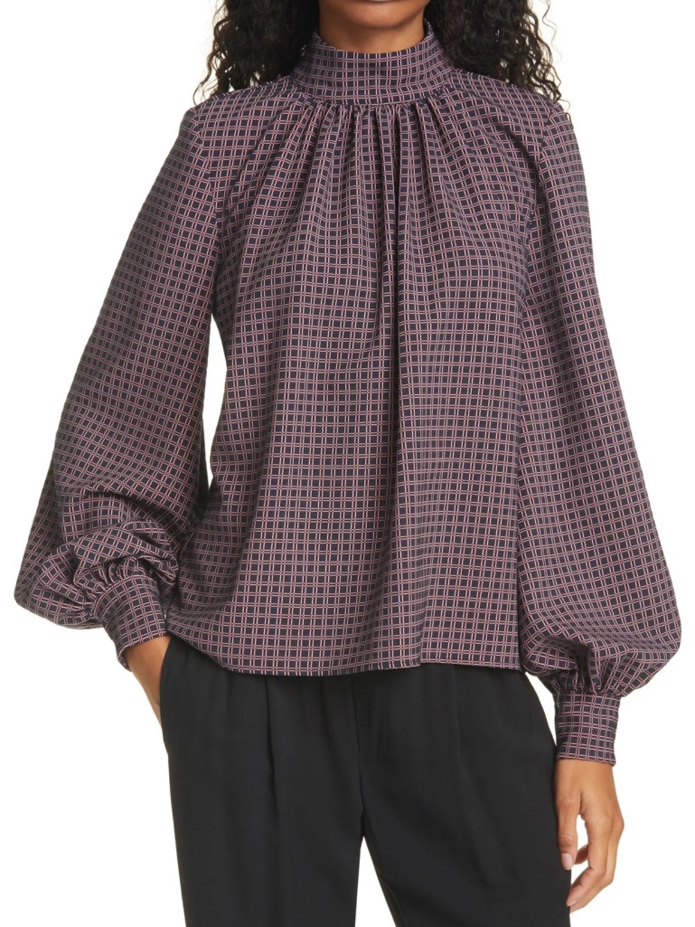 Stine Goya Eddy Mock Neck Bishop Sleeve Blouse Grid Print Top Navy Blue Pink XS